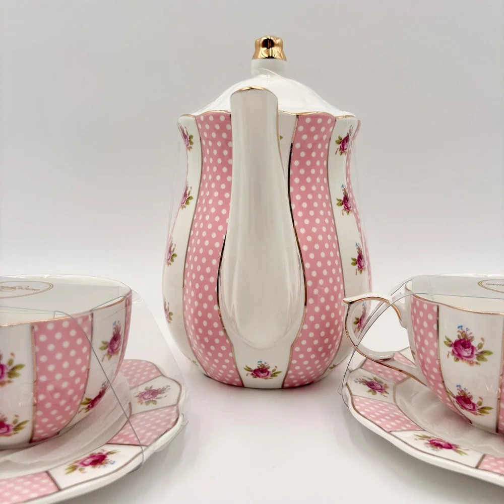 Grace Teaware Pink‎ Polka Dot Rose Floral Porcelain Teapot and 2 Cup Saucer Set